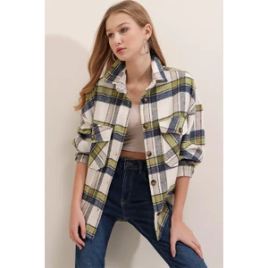 AQE FASHION Kadın Yeşil Ekoseli Cepli Gömlek