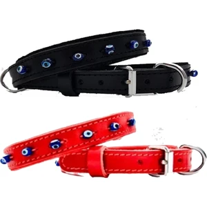 Hakiki Deri Nazar Boncuklu Kedi ve Köpek Tasması Kırımızı ve Siyah 38CM x 1,5cm Toplam 2 Adet