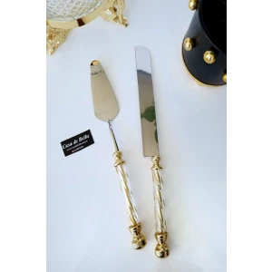 Casa De Bella 2 Parça Kristal Desenli Gold Saplı Pasta Servis Seti