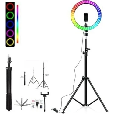 Asfal Bluetooth Kumandalı 33 cm Rgb Makyaj Renkli Işık + 210 cm Tripod Canlı yayın Tiktok