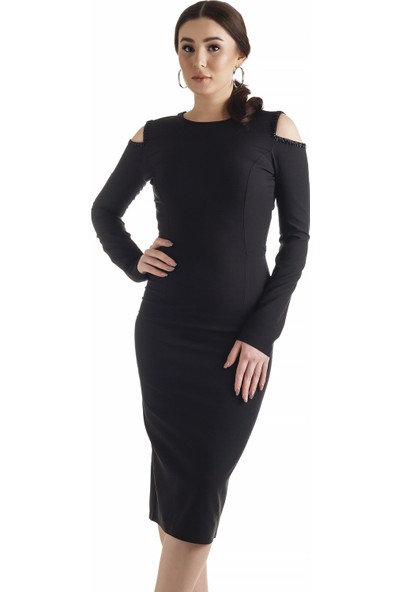 Defile Lüx Uzun Kollu Sırt Dekolteli Elbise Siyah - Bead Serisi