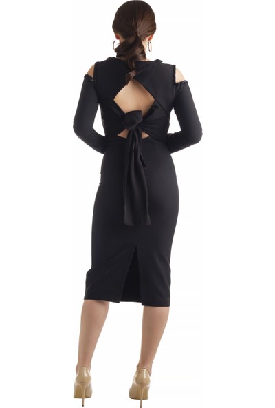 Defile Lüx Uzun Kollu Sırt Dekolteli Elbise Siyah - Bead Serisi