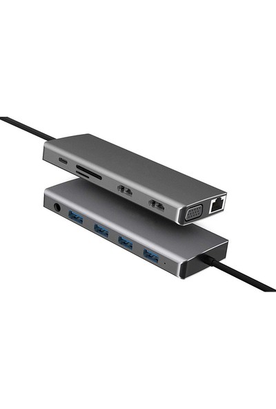 Daytona FC33 Macbook Uyumlu Type-C™ Usb-C To 2* USB 3.0 - 2*usb 2.0 - 4K 1080P Hd HDMI VGA 1000MBPS RJ45 Pd Aux Ses Sd Tf Kart Çevirici Hub Adaptör