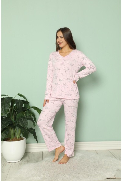 Manolya Kadın Büyük Beden Pamuklu Çiçek Desenli Pijama Takımı - 7345PE