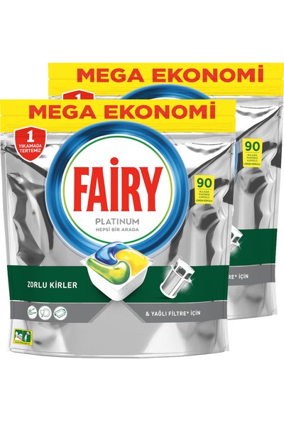Fairy Platinum Bulaşık Makinesi Deterjanı Tableti / Kapsülü Limon Kokulu 180 Yıkama (90x2)