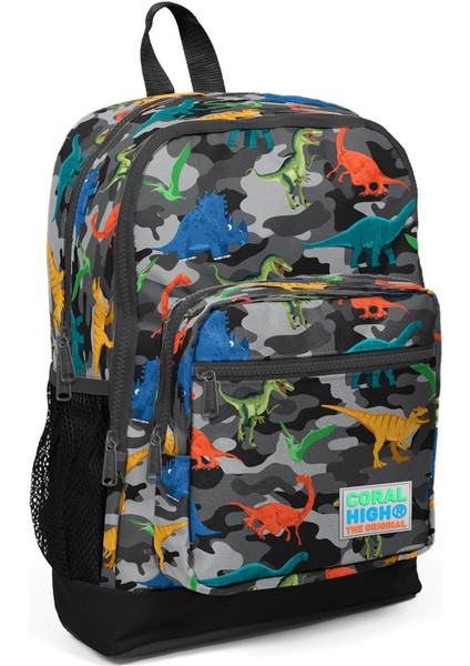 Kids Gri Dinozor Desenli USB Şarjlı Kulaklık Çıkışlı Okul Sırt Çantası 23286