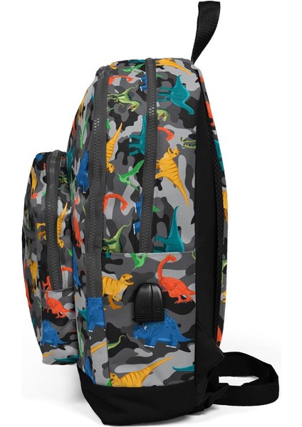 Kids Gri Dinozor Desenli USB Şarjlı Kulaklık Çıkışlı Okul Sırt Çantası 23286 fiyatları
