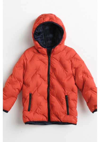 Zigzag Baskı Elyaflı Kapüşonlu Erkek Çocuk Mont Kiremit