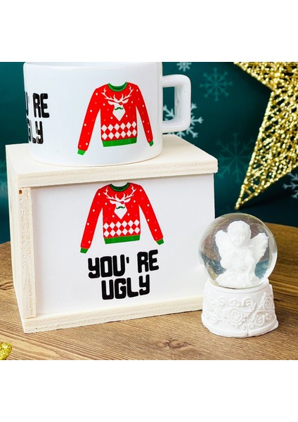 You're Ugly Yılbaşı Tasarımlı Kutulu Kupa ve Mini Beyaz Melek Kar Küresi Set