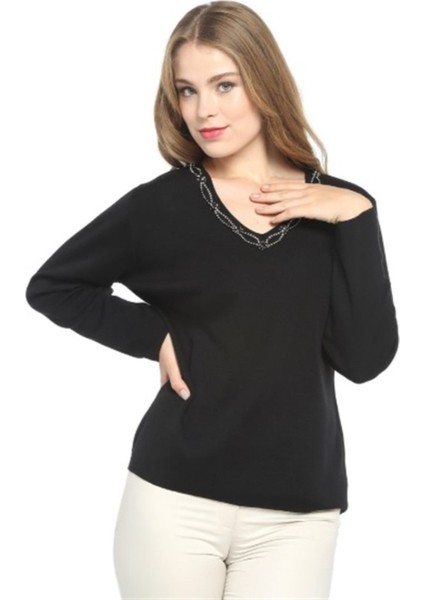 Elegant Crystal Taş Işlemeli Yün Kazak