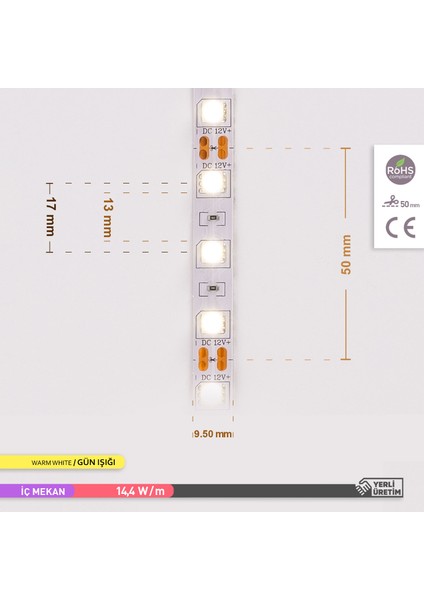 Üç Çip 60 Ledli Şerit LED 3000K Gün Işığı 15LM 12V 14,4W 5 Metre