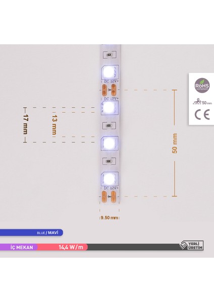 Üç Çip 60 Ledli Şerit LED Mavi 12LM 12V 14,4W 5 Metre