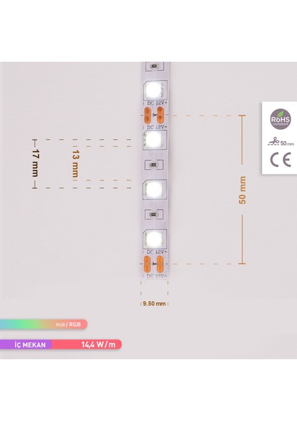 Üç Çip 60 Ledli Şerit LED Rgb 12LM 12V 14,4W 5 Metre