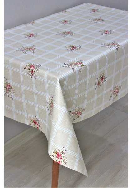 Elyaf Astarlı Silinebilir Pvc Muşamba Masa Örtüsü Krem Çiçek