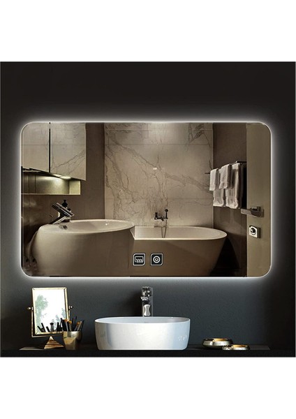 Global Led Mirror 65 x 90 cm Dokunmatik Tuşlu Buğu Çözücü Ledli Banyo Aynası Dekoratif Ayna