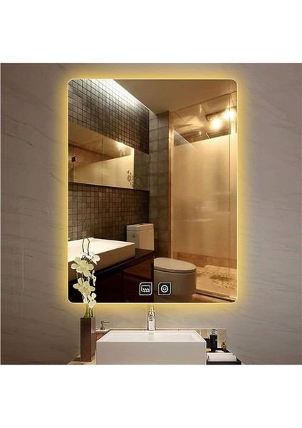 Global Led Mirror 60 x 70 cm Dokunmatik Tuşlu Buğu Çözücü Ledli Banyo Aynası Dekoratif Ayna