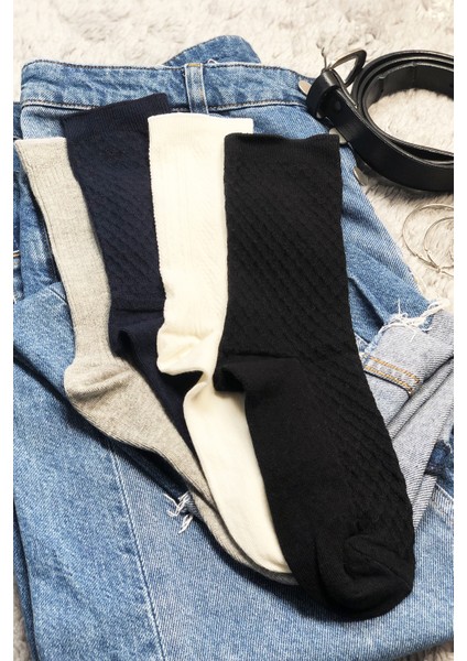 Kadın Renkli Kabartma Desenli Çorap Premium Cotton 4'lü Soket Çorap