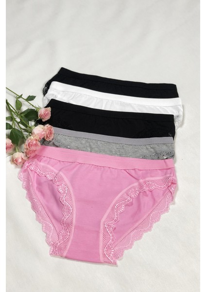 Kadın Renkli Likralı Dantelli 5'li Bikini Külot Çorap Hediyeli