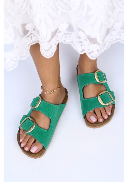 Irene Deri Çift Tokalı Yeşil Terlik modelleri