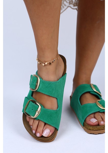 Irene Deri Çift Tokalı Yeşil Terlik indirimleri