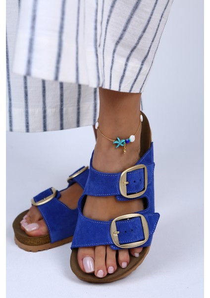 Irene Deri Çift Tokalı Mavi Terlik