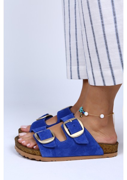 Irene Deri Çift Tokalı Mavi Terlik fiyatları