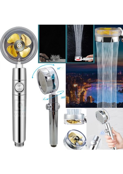 Pervaneli Duş Başlığı 360 Derece Gold Seri Dönebilen Aç Kapa Su Tasarruflu Duş Başlığı
