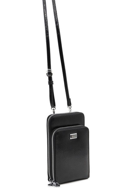 Siyah Iki Bölmeli Kadın Cüzdan & Kartlık/çapraz Askılı Telefon Cüzdanı SP1011