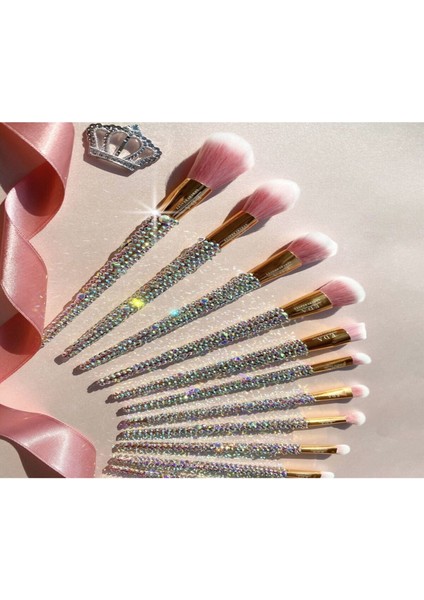 12'li Diamond 3D Kristal Taşlı Büyük Yüz & Göz Farı Makyaj Fırçası Seti