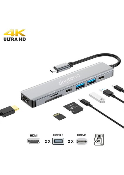 CF08 Macbook Uyumlu Type-C to 4K 1080p Ultra HD HDMI Type-C PD Şarj 2* USB 3.0 SD TF Kart Okuyucu Kablolu 7IN1 Çevirici Hub Adaptör