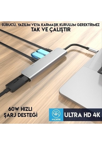 CF08 Macbook Uyumlu Type-C to 4K 1080p Ultra HD HDMI Type-C PD Şarj 2* USB 3.0 SD TF Kart Okuyucu Kablolu 7IN1 Çevirici Hub Adaptör