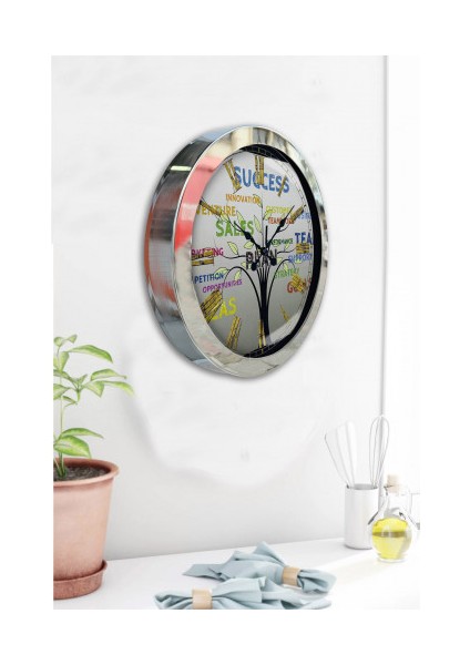 Krom Çerçeveli Salon Ofis Duvar Saati 36 cm