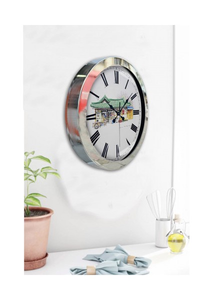 Krom Çerçeveli Salon Ofis Duvar Saati 36 cm