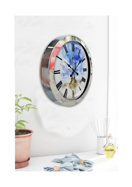 Krom Çerçeveli Salon Ofis Duvar Saati 36 cm
