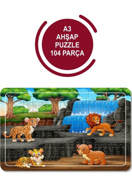 Orman Şelale ve Aslanlar A3 104 Parça Puzzle Oyuncak Yapboz