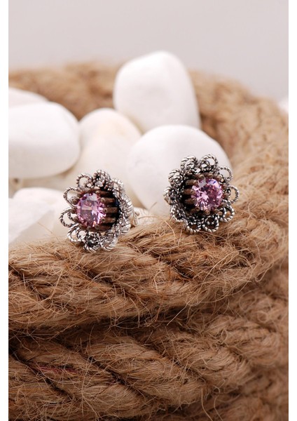 Pembe Kuvars Taşlı Telkari Elişi Gümüş Küpe 5579