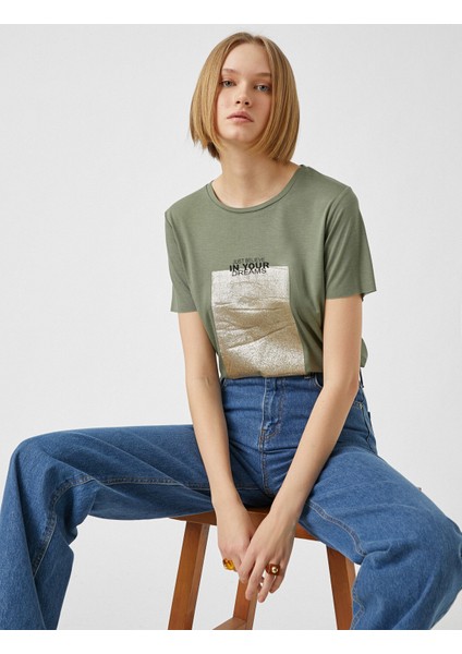 Kadın Bisiklet Yaka Kısa Kollu Baskılı Tişört