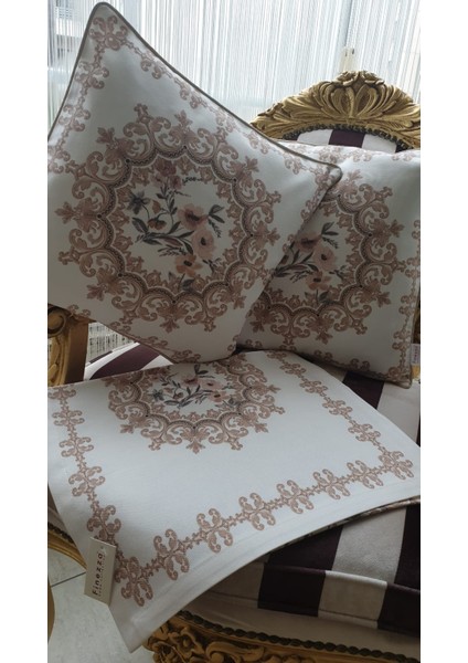 Frame Pamuk Duck Baskılı Kumaş Krem/Bej Runner&Kırlent Seti 3 Parça - 57