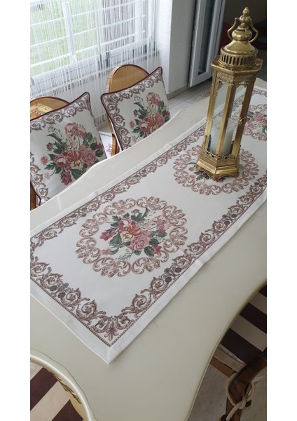 Frame Pamuk Duck Baskılı Kumaş Krem/Bej Runner&Kırlent Seti 3 Parça - 57