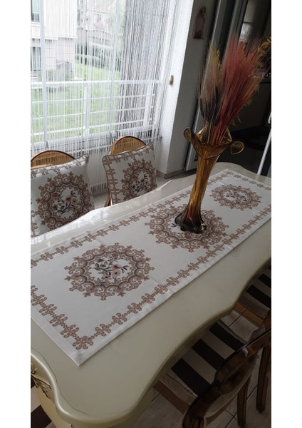 Frame Pamuk Duck Baskılı Kumaş Krem/Bej Runner&Kırlent Seti 3 Parça - 57