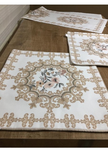 Frame Pamuk Duck Baskılı Kumaş Krem/Bej Runner&Kırlent Seti 3 Parça - 57