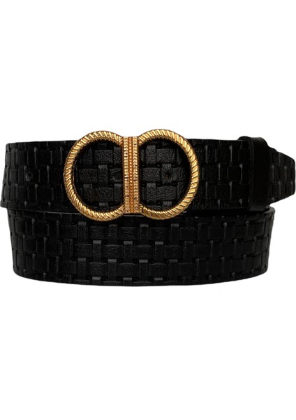 Deri, Gold Tokalı Siyah Desenli Kadın Kemeri 4 cm