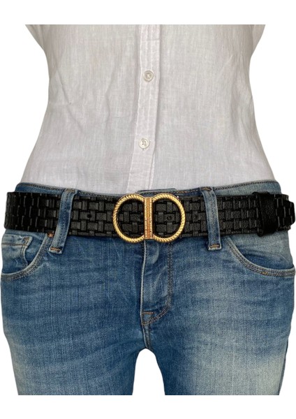 Deri, Gold Tokalı Siyah Desenli Kadın Kemeri 4 cm modelleri