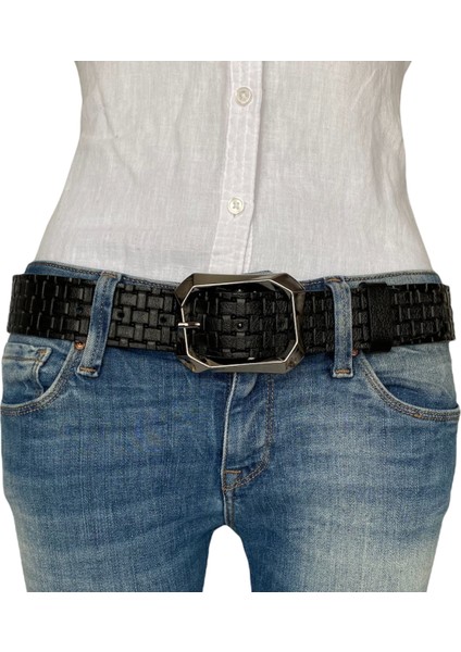Deri, Siyah Nikel Tokalı Siyah Desenli Kadın Kemeri 4 cm fiyatları