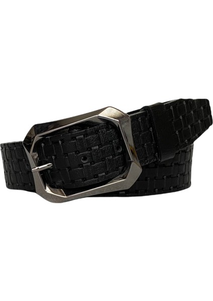 Deri, Siyah Nikel Tokalı Siyah Desenli Kadın Kemeri 4 cm modelleri