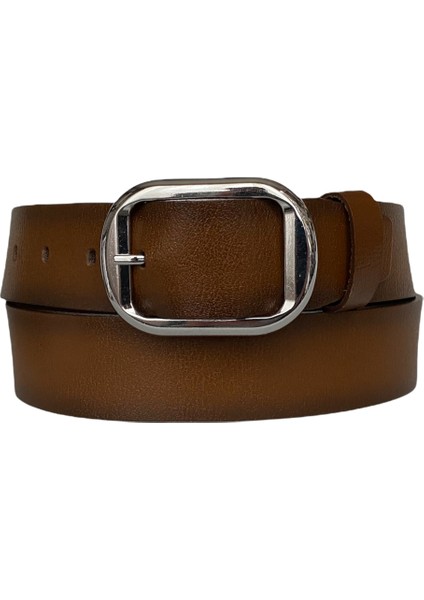 Deri, Parlak Gümüş Tokalı Kahverengi Kadın Kemeri 4 cm