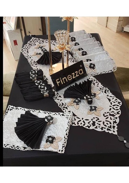 Afife Kadife ve Monoray Kumaş Gümüş/Siyah Masa Örtüsü , Peçeteli ve Amerikan Servisli Sofra Takımı 8 kişilik Dikdörtgen 160x230 cm 34 Parça - 50