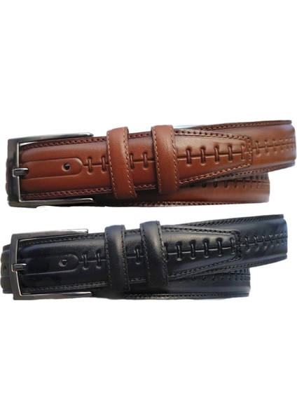 %100 Deri 2'li Set Desenli Klasik Kumaş Pantolon Kemeri 3.5cm : Siyah - Fındık