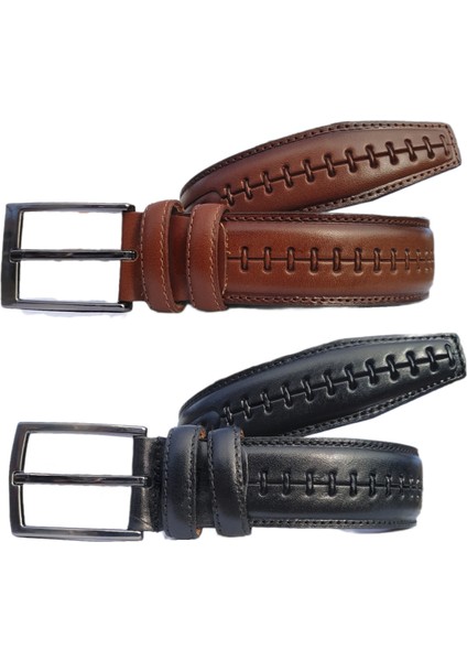 %100 Deri 2'li Set Desenli Klasik Kumaş Pantolon Kemeri 3.5cm : Siyah - Fındık fiyatları