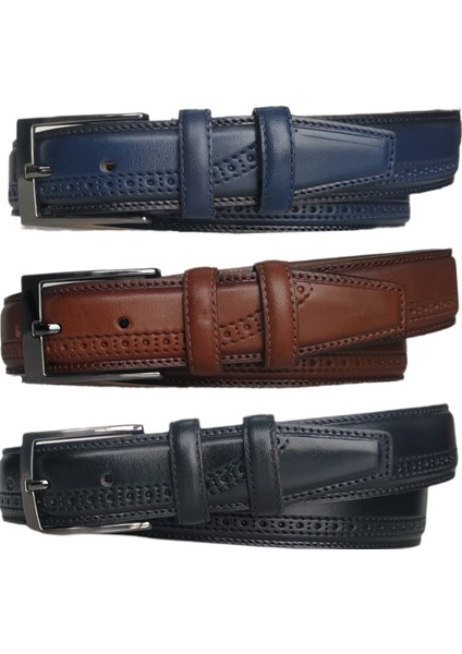 %100 Deri 3lü Set Desenli Kumaş Pantolon Kemeri 3.5cm; Siyah - Taba - Lacivert